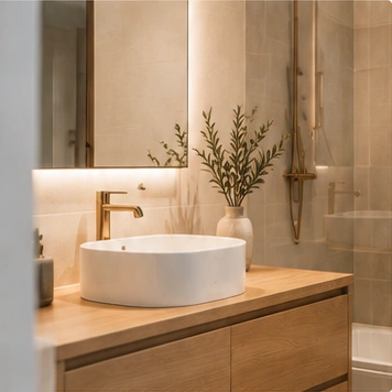 Salle de bain contemporaine, vasque blanche et meuble en bois